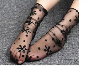 Sheer mesh women crew socks with cute snowflake and dot patterns, thin summer hosiery style.