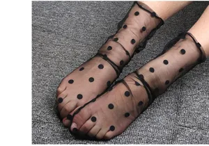 Details of black sheer mesh polka dot socks, lightweight and breathable summer style ankle hosiery.