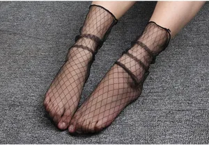 Sheer black fishnet slouch socks for women, thin mesh mid-calf hosiery for spring and summer.