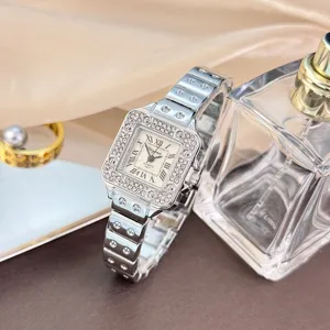 Viereckige Strass Quarz Damen Uhr mit Edelstahl Armband Luxus Stil elegante Uhr