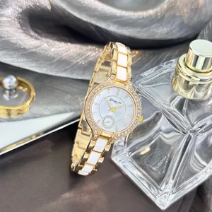 Elegante orologio da donna al quarzo con lunetta in strass e cinturino ceramica stile