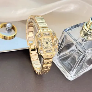 Goldene quadratische Quarzuhr für Damen mit Strass, Edelstahlarmband und römischen Ziffern.