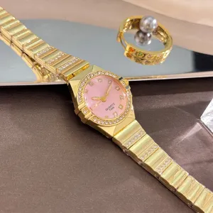 Gold quartz watch for women pink dial rhinestone bracelet fashion luxury wrist watch