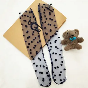 Sheer mesh polka dot mid-calf socks thin summer cute flocked black dots women hosiery