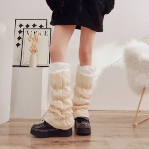 Women Winter Warm Fleece Lined Leg Warmers Quilted Drawstring Plush Cuffs Thermal High Tube Socks Fashion Outdoor Wear
