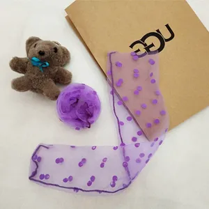 Sheer purple polka dot mesh socks for women, cute summer short hosiery with fuzzy dots.