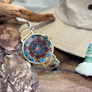 Bohemian style women quartz watch with colorful mandala dial and woven canvas strap.