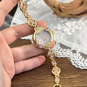 Reloj De Cuarzo Dorado Mujer Pulsera Cristal Estras Rosa Esfera Elegante Reloj
