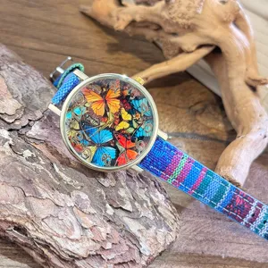 Vintage women quartz watch with colorful butterfly dial and woven canvas strap bohemian style