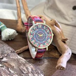 Boho style women quartz watch with colorful mandala dial and ethnic canvas strap for daily wear
