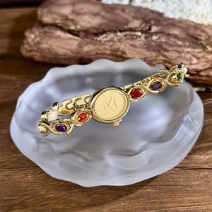 Women Vintage Quartz Watch Rainbow Color Gemstone Oval Dial Gold Bracelet Timepiece