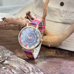 Boho style women's quartz watch with colorful mandala dial and ethnic woven canvas strap.