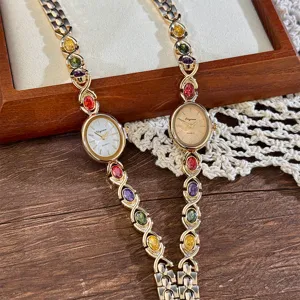 Women vintage rainbow gemstone quartz watch oval dial luxury crystal dress wrist watch