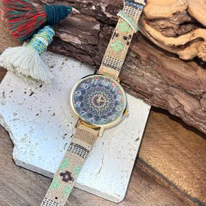 Boho style women quartz watch with colorful woven canvas strap and mandala dial.