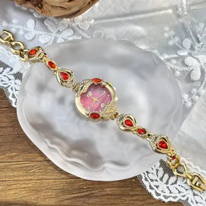 Reloj de Cuarzo Mujer Lujo Pulsera Cristal Rojo Diamante Esfera Nacar Moda Elegante