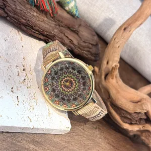 Vintage Bohemian Women Quartz Watch Ethnic Style Woven Canvas Strap Mandala Dial Timepiece