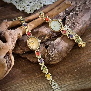 Vintage oval dial quartz watch with colorful gemstone twist metal bracelet for women.