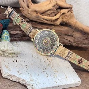 Bohemian vintage style quartz watch with colorful woven canvas strap and mandala dial for women.
