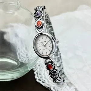 Vintage oval quartz watch for women with colorful gemstone metallic strap elegant design