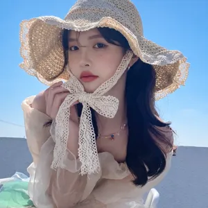 Women summer straw hat with lace strap beach sun protection hat stylish sunshade cap