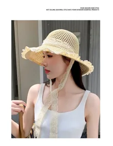 Women summer straw sun hat with lace trim and tie strap for beach travel outdoor uv protection beige