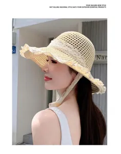 Woven straw sun hat for women summer beach lace trim sunbonnet with chin strap chic design