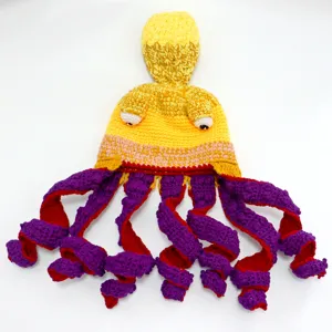 Handmade crochet octopus hat, funny party costume, cute yellow and purple wool cap for adults.