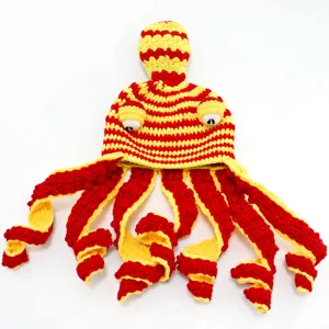 Handmade crochet red and yellow octopus hat funny party novelty winter warm beanie.