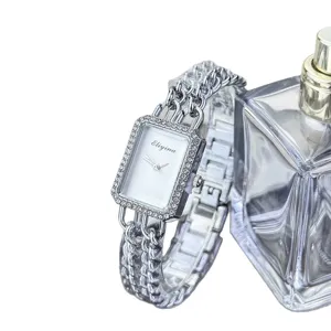 Damen rechteckige Strass Quarz Uhr mit mehrstrangigen Ketten Armband silberne Armbanduhr