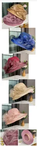 Chapeau de soleil élégant pour femme en organza avec fleur, chapeau de plage respirant à large bord.