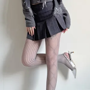 Vue détaillée de collants résille ajourés, collant à motif maillé pour femmes en été.