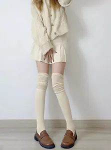 Detail shot of cozy ribbed over-the-knee long socks in beige, soft cotton texture for autumn.