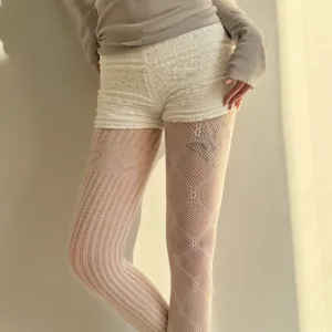 Gros plan de collants en dentelle blanche avec un motif ajouré en losange et cœur de résille.