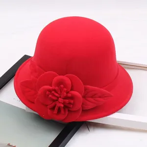 Red wool felt cloche hat for women, elegant floral bucket hat with 3D flower for winter season