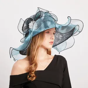 Elegant women wide brim sun hat organza lace patchwork floral elegant beach party hat style