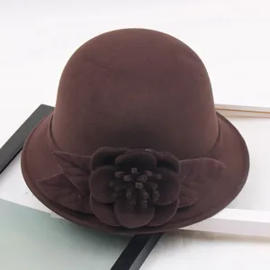 Women brown wool felt cloche hat winter retro dome fedora hat with 3d flower decoration.