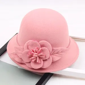 Pink woolen dome bucket hat for women featuring a 3d felt flower design casual travel