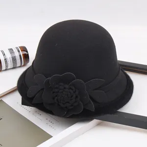 Black wool felt bucket hat with 3D flower, classic elegant cloche hat for women winter.