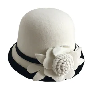 White wool felt dome cloche hat with black band and 3D camellia flower for autumn winter.