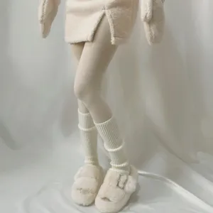 Cozy cream leg warmers and plush slippers set, perfect for autumn and winter home comfort style.