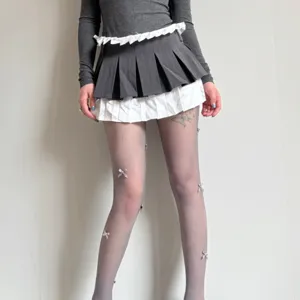 Women grey fishnet tights with 3D bows, sweet ballet style mesh pantyhose leg socks.
