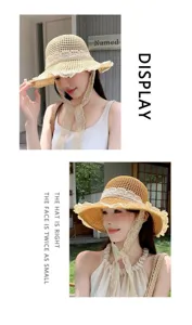 Women summer straw hat beach sun hat lace ribbon wide brim UV protection casual cap
