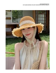 Summer woven straw hat for women with lace trim and chin strap, stylish outdoor sun protection sunhat.
