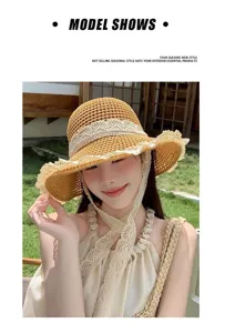 Women summer sun hat straw woven lace trim chin strap outdoor beach hat sun protection.