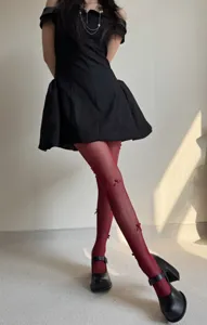 Women burgundy fishnet tights with 3d bows ballet core hosiery sweet cute stylish stockings