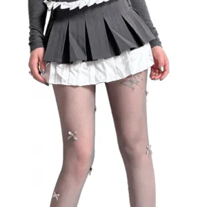 Women grey fishnet tights pantyhose featuring cute 3d bows for balletcore fashion