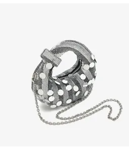 Silver sequin crescent shoulder bag with metal chain strap, stylish evening handbag for women.
