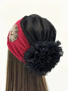 Bohemien pizzo turbante cappello da donna rete elastico copricapo con fiore vintage