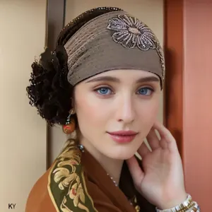 Cerchietto in Maglia con Ricamo di Perline in Acrilico Bohémien Fascia Elastica per Capelli Turbante Vintage Cerchietti per Donna Sport Quotidiano
