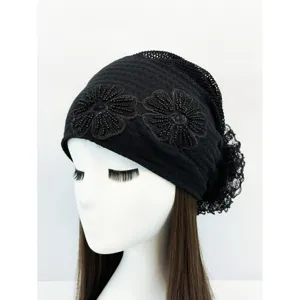 Copricapo turbante con perline di pizzo nero accessorio per capelli traspirante donna